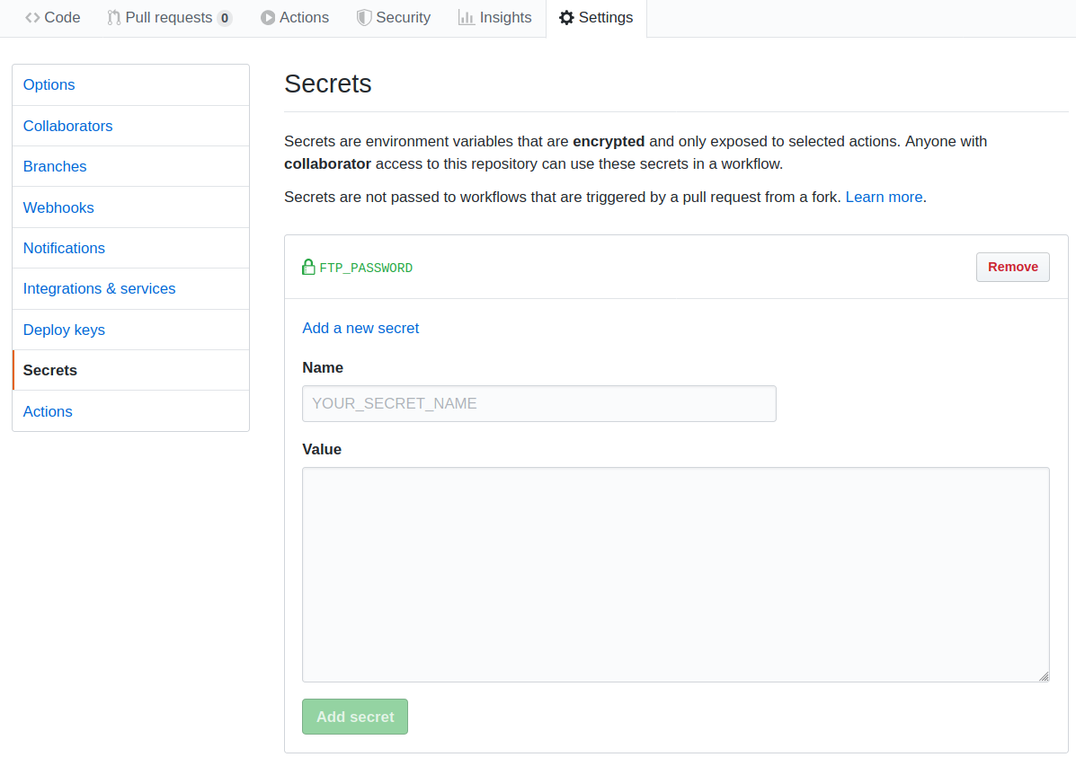 Github secrets settings panel